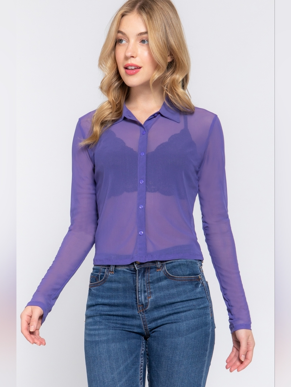 Active USA Royal Purple Sheer Mesh Collared Button Front Long Sleeve Top